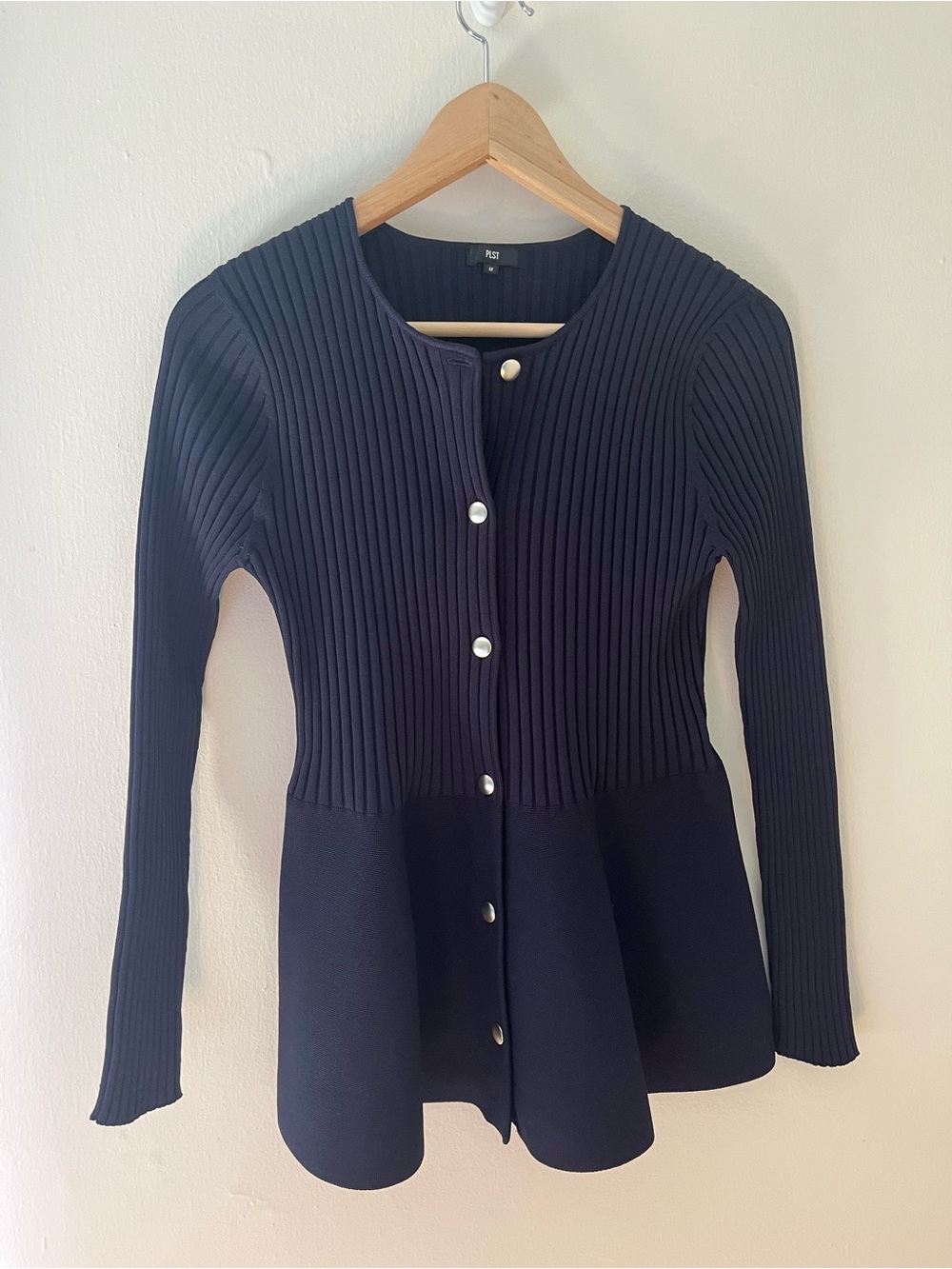 Navy Ribbed Peplum Button-Front Top